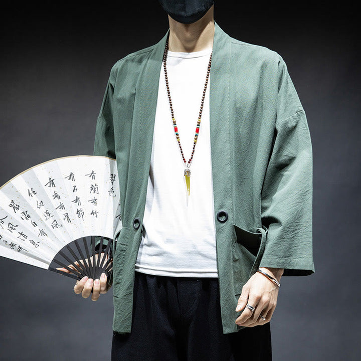 Veste kimono en coton pour homme, couleur unie, à lacets et devant ouvert, motif Buddha Stones