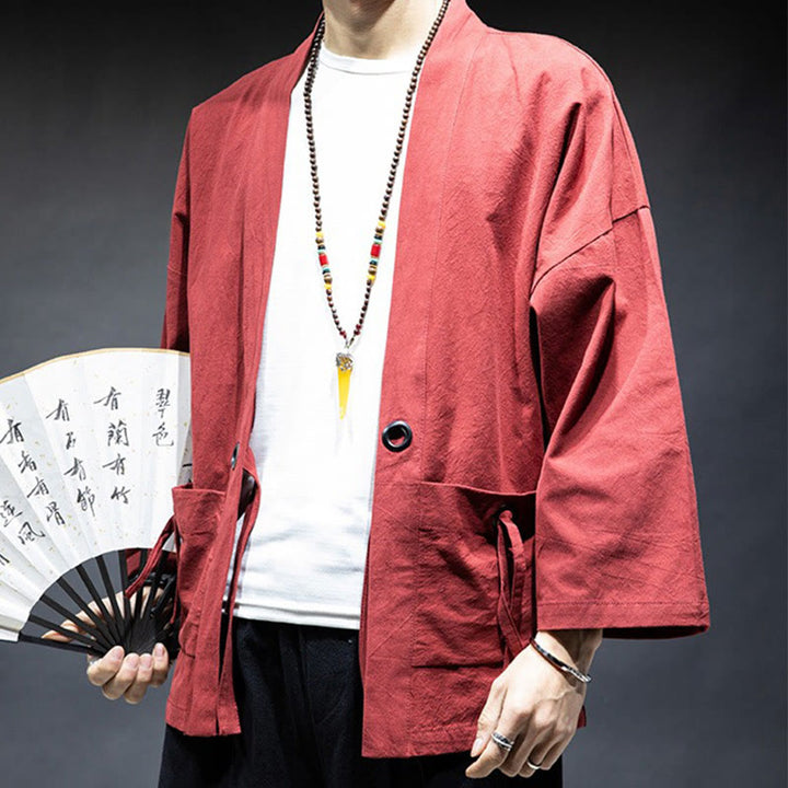Veste kimono en coton pour homme, couleur unie, à lacets et devant ouvert, motif Buddha Stones