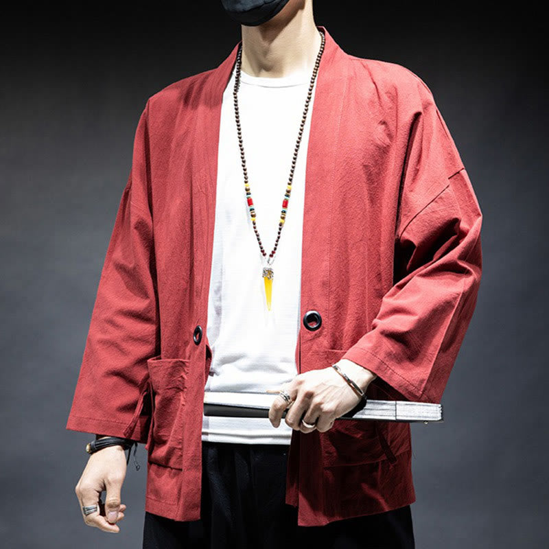 Veste kimono en coton pour homme, couleur unie, à lacets et devant ouvert, motif Buddha Stones
