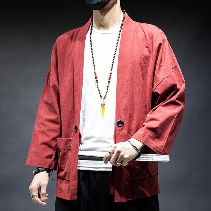 Veste kimono en coton pour homme, couleur unie, à lacets et devant ouvert, motif Buddha Stones