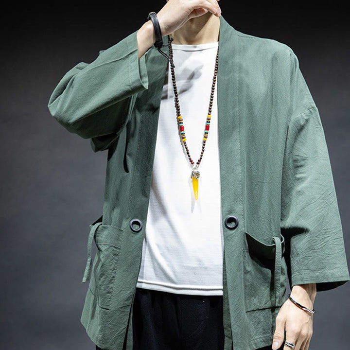 Veste kimono en coton pour homme, couleur unie, à lacets et devant ouvert, motif Buddha Stones