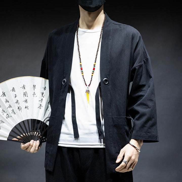 Veste kimono en coton pour homme, couleur unie, à lacets et devant ouvert, motif Buddha Stones