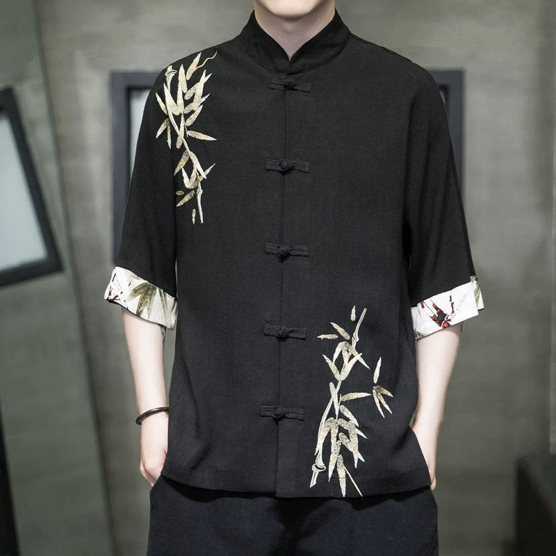 Chemise à manches mi-longues en lin et bambou à boutons grenouille Buddha Stones pour homme - Noir - US/UK/AU42，EU52 (3XL) - image 2