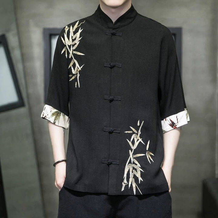 Chemise à manches mi-longues en lin et bambou à boutons grenouille Buddha Stones pour homme - Noir - US/UK/AU42，EU52 (3XL) - image 2