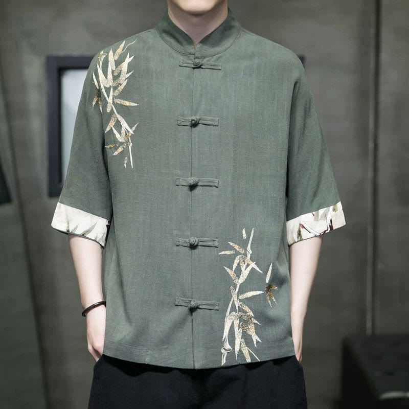Chemise à manches mi-longues en lin et bambou à boutons grenouille Buddha Stones pour homme