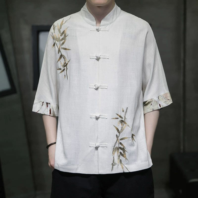 Chemise à manches mi-longues en lin et bambou à boutons grenouille Buddha Stones pour homme - Blanc - US/UK/AU42，EU52 (3XL) - image 0