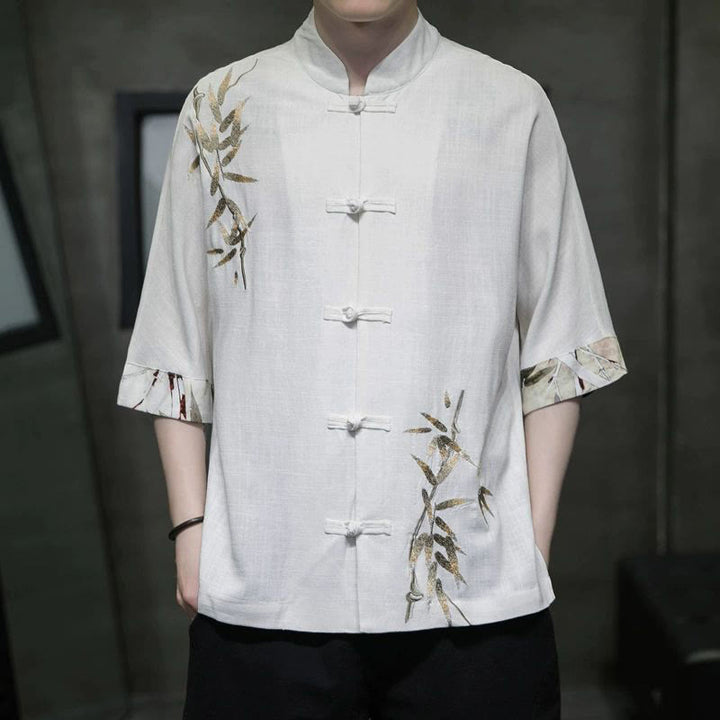 Chemise à manches mi-longues en lin et bambou à boutons grenouille Buddha Stones pour homme - Blanc - US/UK/AU42，EU52 (3XL) - image 0