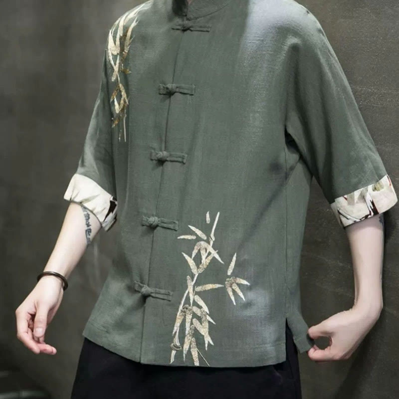 Chemise à manches mi-longues en lin et bambou à boutons grenouille Buddha Stones pour homme