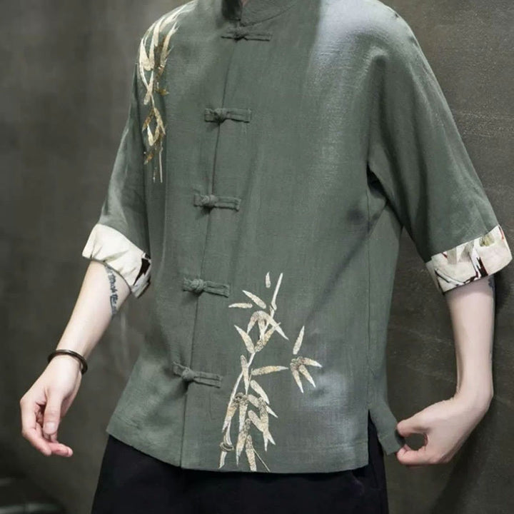 Chemise à manches mi-longues en lin et bambou à boutons grenouille Buddha Stones pour homme