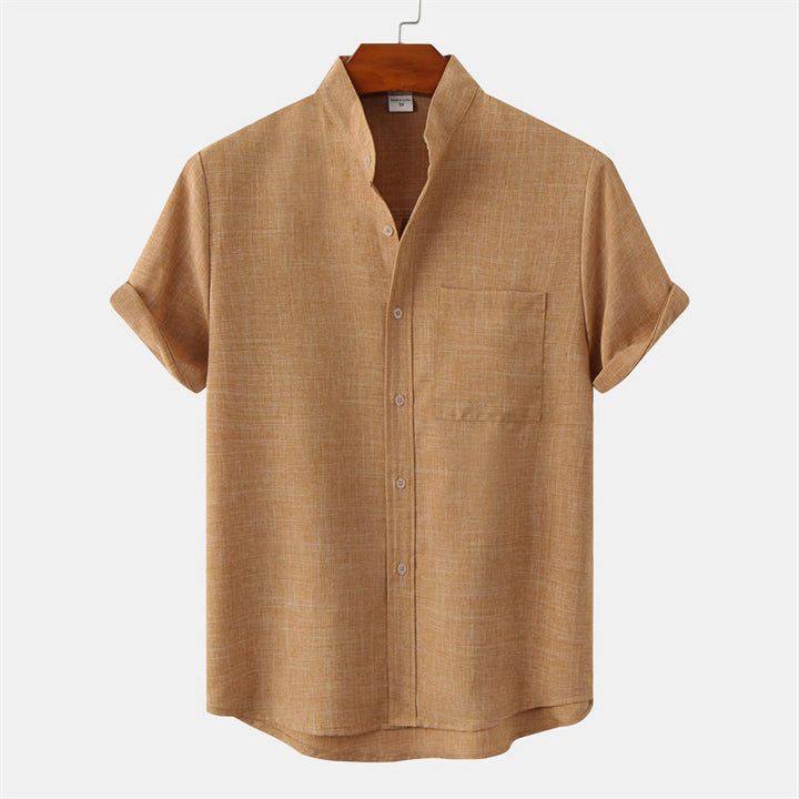 Chemise d'été en coton et lin à manches courtes et boutons pour homme avec poche Motif Buddha Stones