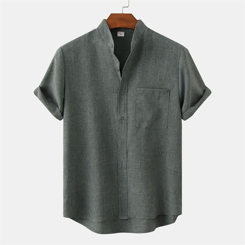 Chemise d'été en coton et lin à manches courtes et boutons pour homme avec poche Motif Buddha Stones