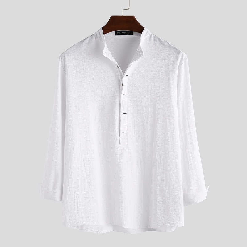Chemises pour hommes en coton et lin à manches longues et demi-boutons, couleur unie, Buddha Stones - Blanc - US/UK/AU42，EU52 (3XL) - image 0