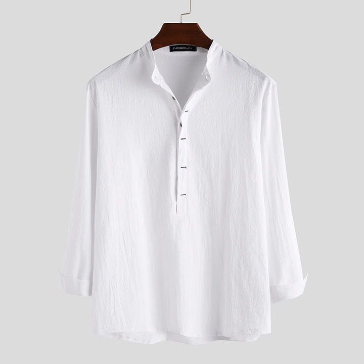 Chemises pour hommes en coton et lin à manches longues et demi-boutons, couleur unie, Buddha Stones - Blanc - US/UK/AU42，EU52 (3XL) - image 0