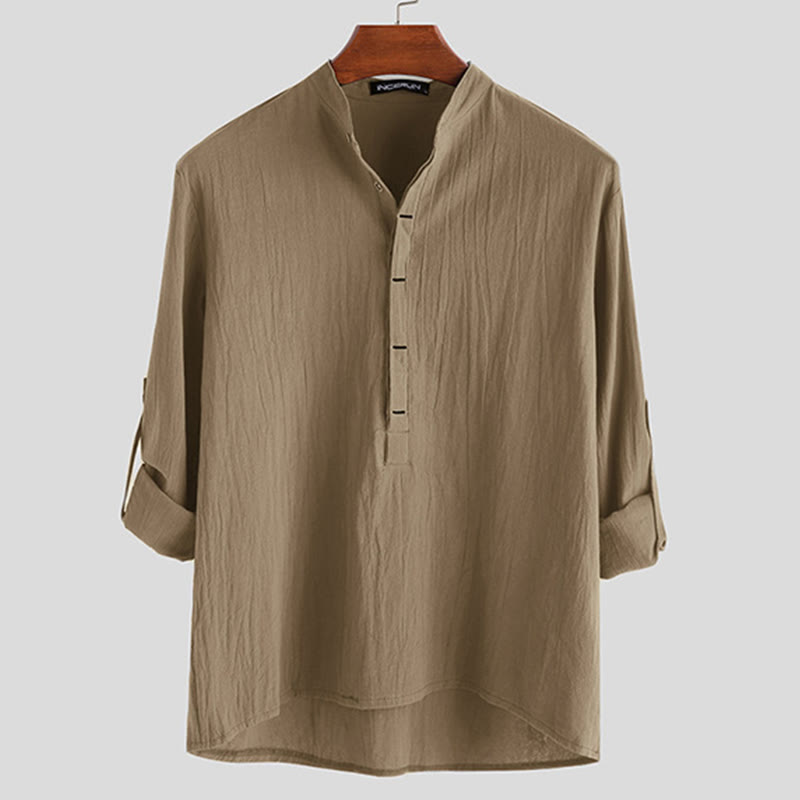 Chemises pour hommes en coton et lin à manches longues et demi-boutons, couleur unie, Buddha Stones - Tanné - US/UK/AU42，EU52 (3XL) - image 7