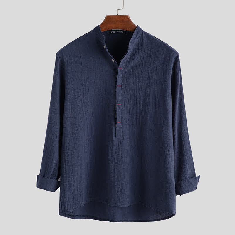 Chemises pour hommes en coton et lin à manches longues et demi-boutons, couleur unie, Buddha Stones - Bleu acier - US/UK/AU42，EU52 (3XL) - image 4