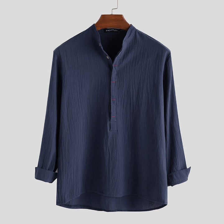Chemises pour hommes en coton et lin à manches longues et demi-boutons, couleur unie, Buddha Stones - Bleu acier - US/UK/AU42，EU52 (3XL) - image 4