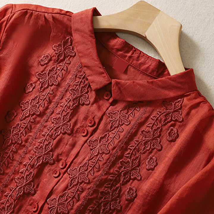 Chemise d'été en coton et lin pour femme, motif floral, broderie de boutons, manches trois-quarts, revers, motif Buddha Stones