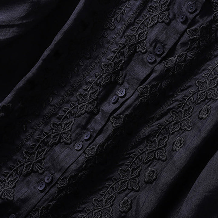 Chemise d'été en coton et lin pour femme, motif floral, broderie de boutons, manches trois-quarts, revers, motif Buddha Stones