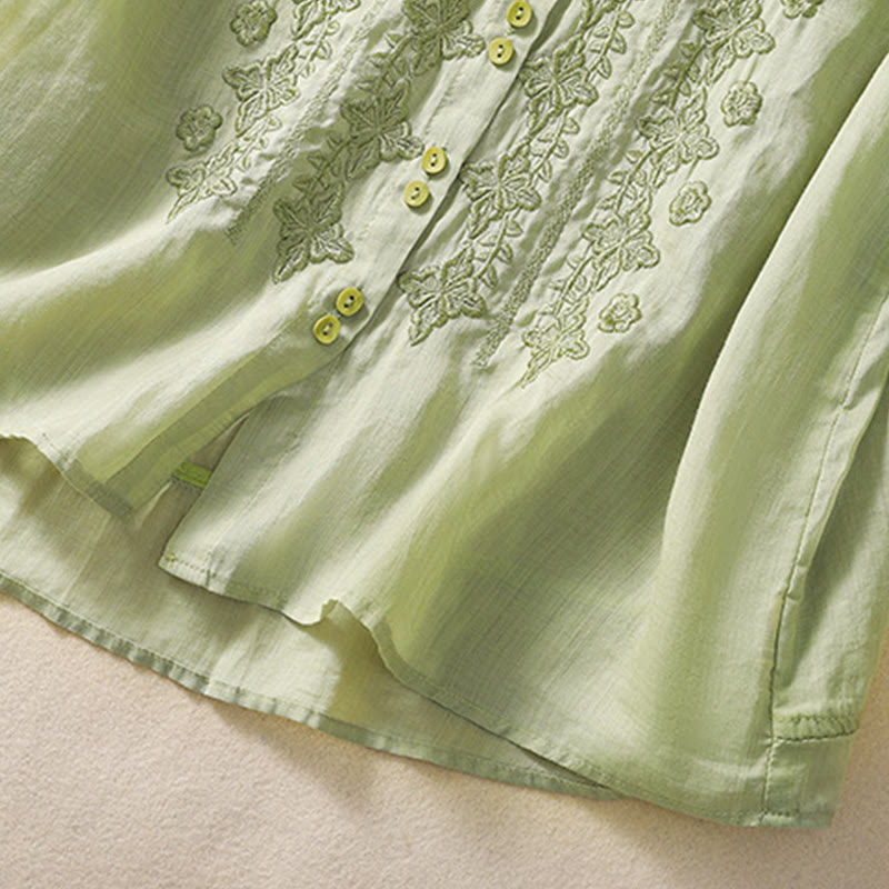 Chemise d'été en coton et lin pour femme, motif floral, broderie de boutons, manches trois-quarts, revers, motif Buddha Stones