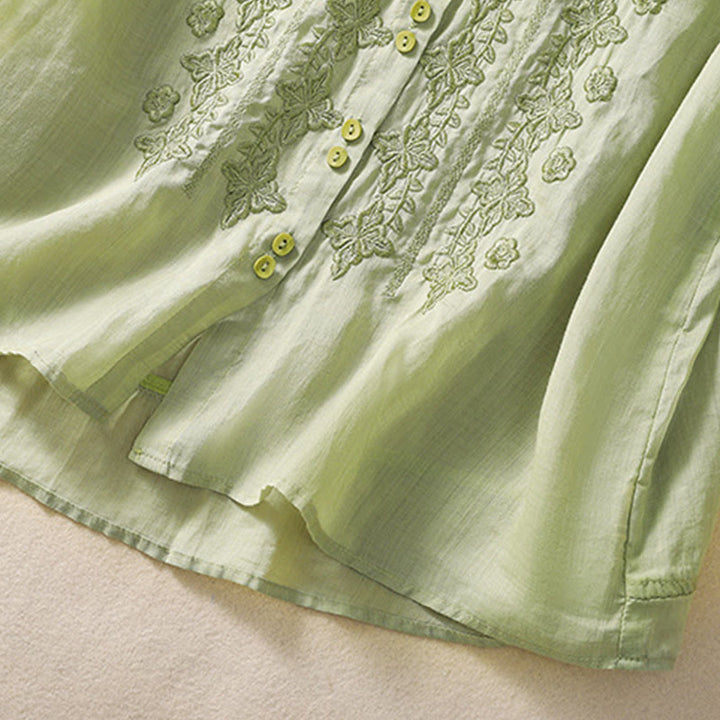 Chemise d'été en coton et lin pour femme, motif floral, broderie de boutons, manches trois-quarts, revers, motif Buddha Stones