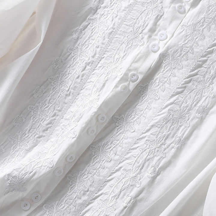 Chemise d'été en coton et lin pour femme, motif floral, broderie de boutons, manches trois-quarts, revers, motif Buddha Stones - image 10