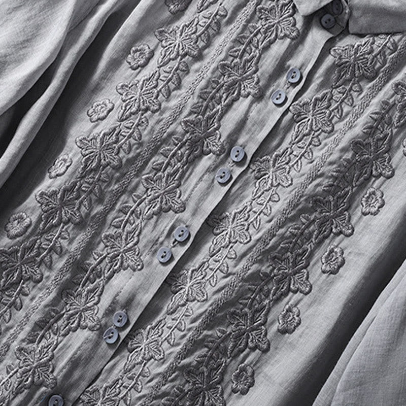 Chemise d'été en coton et lin pour femme, motif floral, broderie de boutons, manches trois-quarts, revers, motif Buddha Stones
