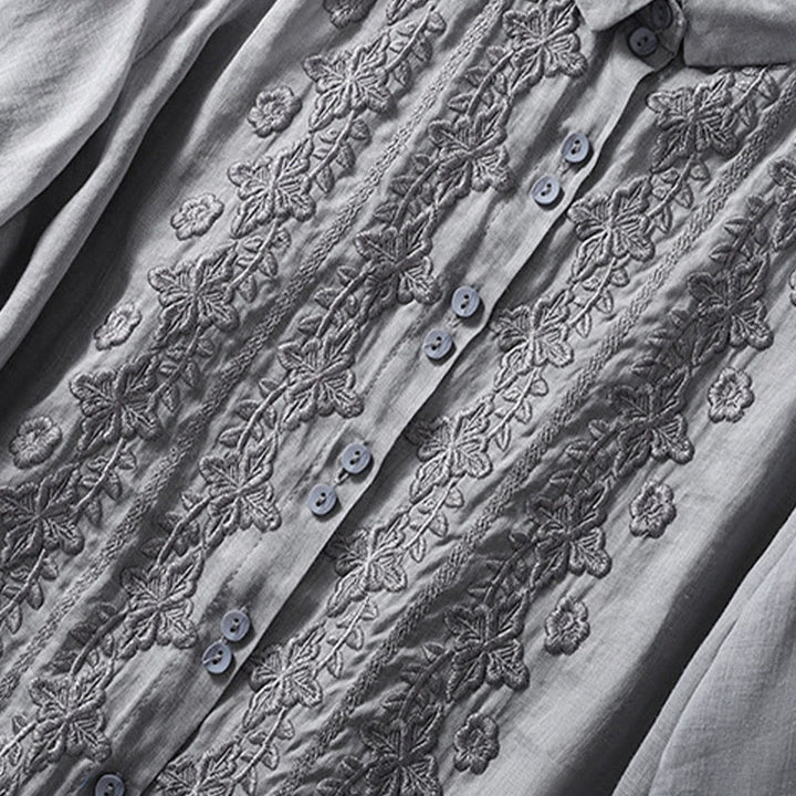 Chemise d'été en coton et lin pour femme, motif floral, broderie de boutons, manches trois-quarts, revers, motif Buddha Stones