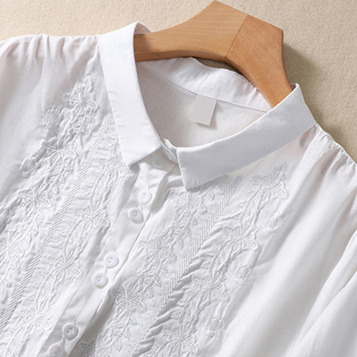 Chemise d'été en coton et lin pour femme, motif floral, broderie de boutons, manches trois-quarts, revers, motif Buddha Stones