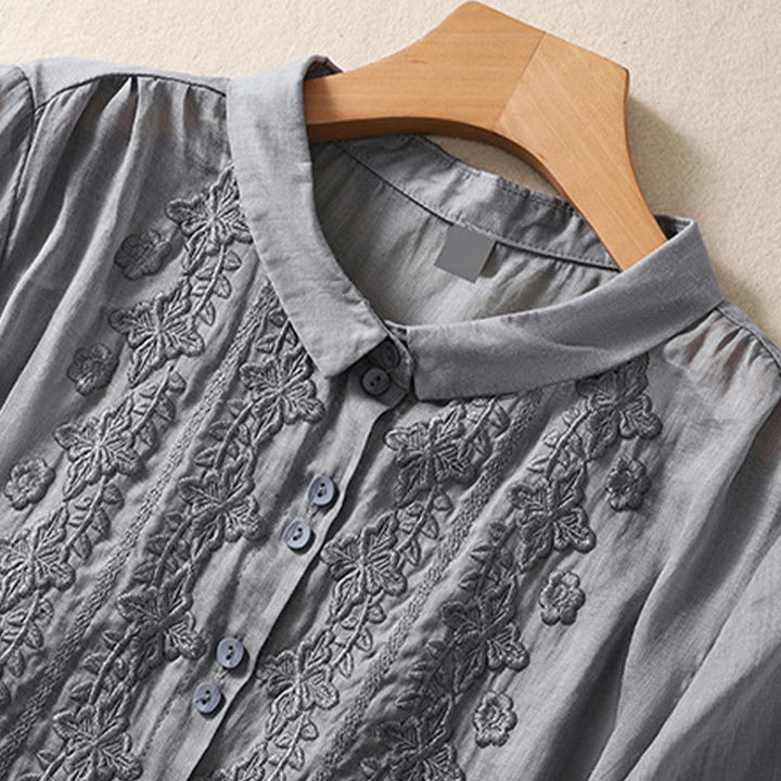 Chemise d'été en coton et lin pour femme, motif floral, broderie de boutons, manches trois-quarts, revers, motif Buddha Stones