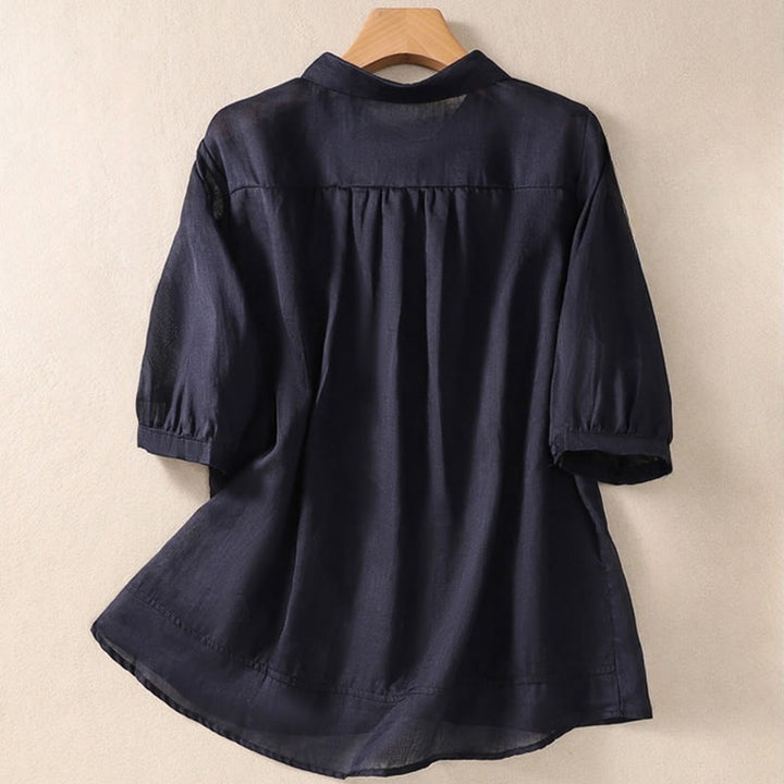 Chemise d'été en coton et lin pour femme, motif floral, broderie de boutons, manches trois-quarts, revers, motif Buddha Stones