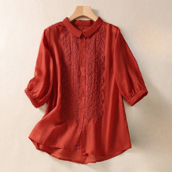 Chemise d'été en coton et lin pour femme, motif floral, broderie de boutons, manches trois-quarts, revers, motif Buddha Stones