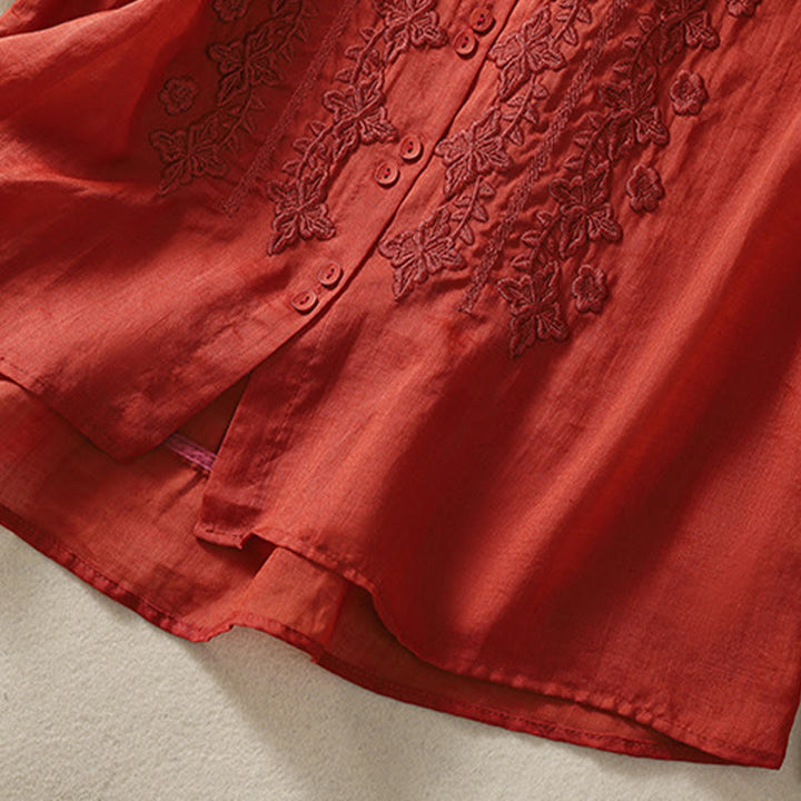 Chemise d'été en coton et lin pour femme, motif floral, broderie de boutons, manches trois-quarts, revers, motif Buddha Stones