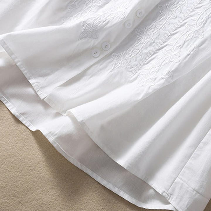Chemise d'été en coton et lin pour femme, motif floral, broderie de boutons, manches trois-quarts, revers, motif Buddha Stones