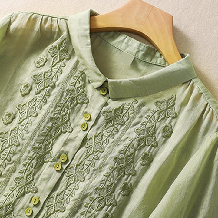Chemise d'été en coton et lin pour femme, motif floral, broderie de boutons, manches trois-quarts, revers, motif Buddha Stones