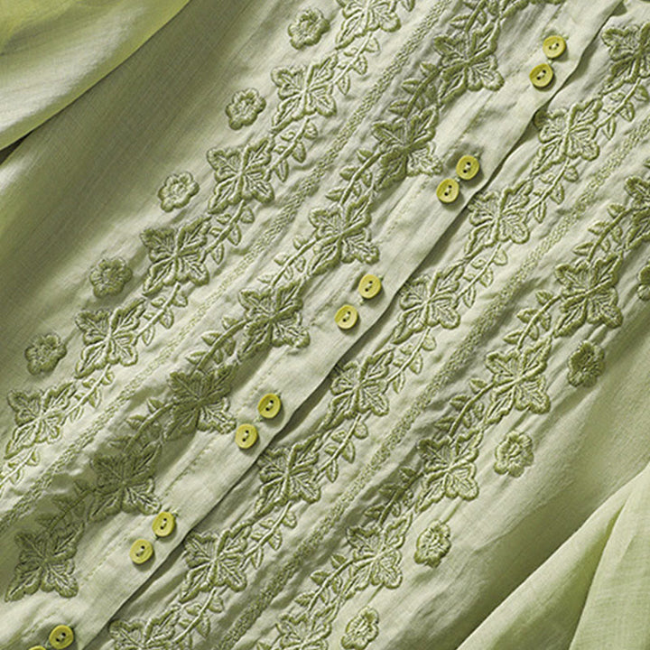 Chemise d'été en coton et lin pour femme, motif floral, broderie de boutons, manches trois-quarts, revers, motif Buddha Stones - image 3