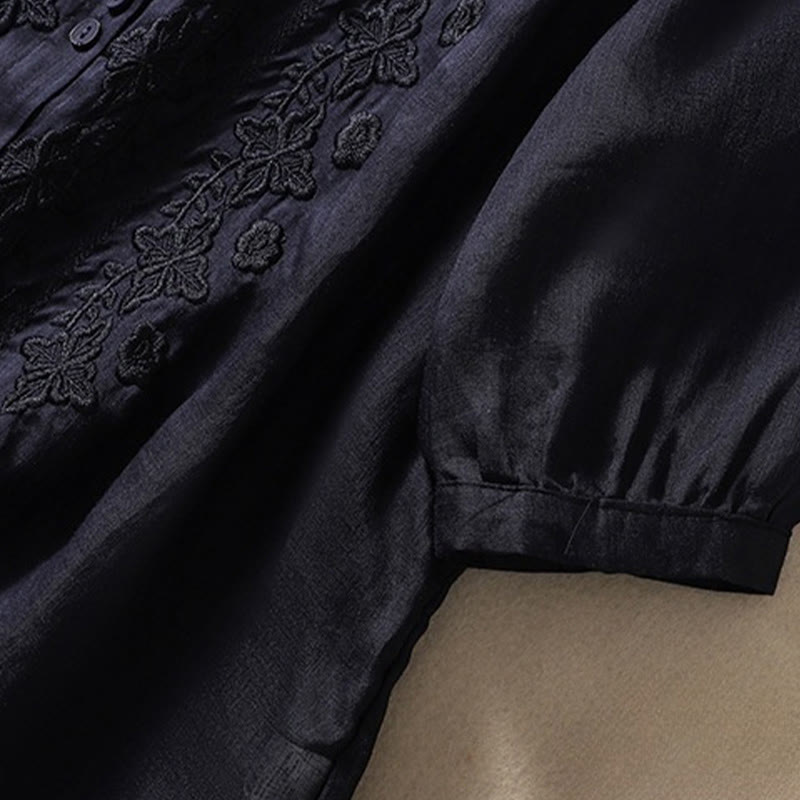 Chemise d'été en coton et lin pour femme, motif floral, broderie de boutons, manches trois-quarts, revers, motif Buddha Stones