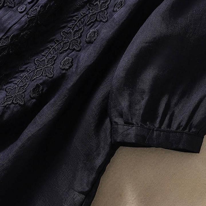 Chemise d'été en coton et lin pour femme, motif floral, broderie de boutons, manches trois-quarts, revers, motif Buddha Stones
