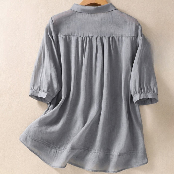 Chemise d'été en coton et lin pour femme, motif floral, broderie de boutons, manches trois-quarts, revers, motif Buddha Stones