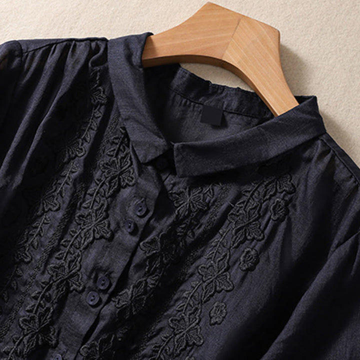 Chemise d'été en coton et lin pour femme, motif floral, broderie de boutons, manches trois-quarts, revers, motif Buddha Stones