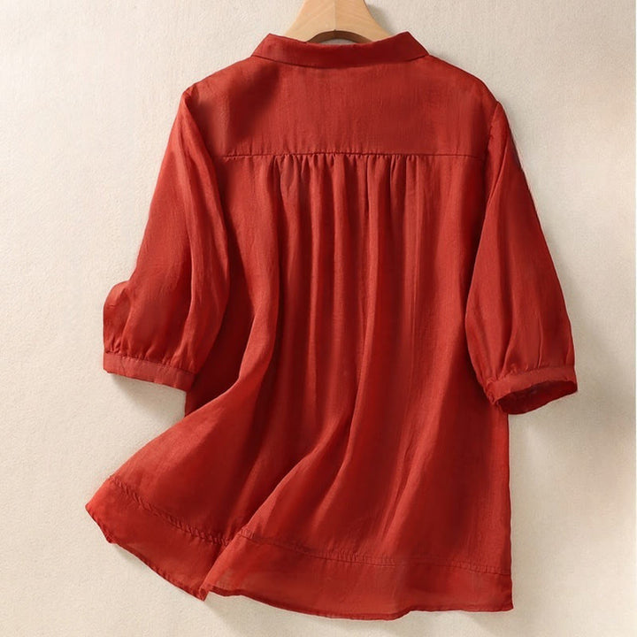 Chemise d'été en coton et lin pour femme, motif floral, broderie de boutons, manches trois-quarts, revers, motif Buddha Stones
