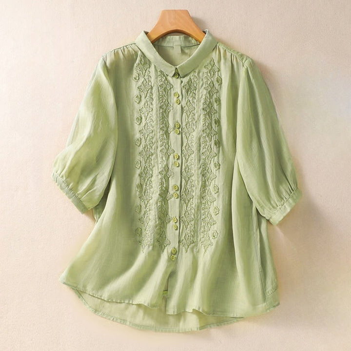 Chemise d'été en coton et lin pour femme, motif floral, broderie de boutons, manches trois-quarts, revers, motif Buddha Stones - Vert pâle - US12，UK/AU16，EU44 (2XL) - image 0