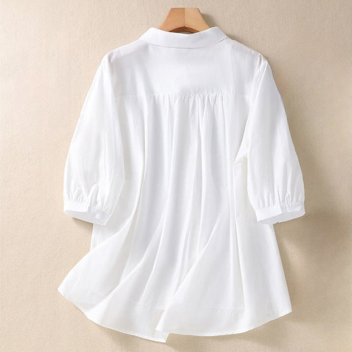 Chemise d'été en coton et lin pour femme, motif floral, broderie de boutons, manches trois-quarts, revers, motif Buddha Stones