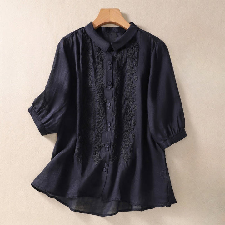 Chemise d'été en coton et lin pour femme, motif floral, broderie de boutons, manches trois-quarts, revers, motif Buddha Stones