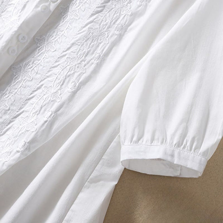 Chemise d'été en coton et lin pour femme, motif floral, broderie de boutons, manches trois-quarts, revers, motif Buddha Stones