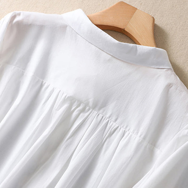 Chemise d'été en coton et lin pour femme, motif floral, broderie de boutons, manches trois-quarts, revers, motif Buddha Stones - image 8