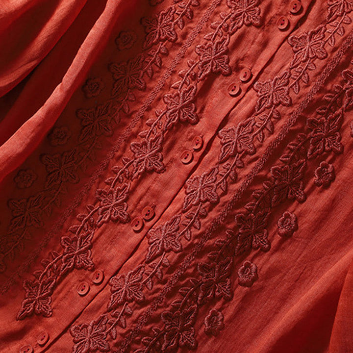 Chemise d'été en coton et lin pour femme, motif floral, broderie de boutons, manches trois-quarts, revers, motif Buddha Stones