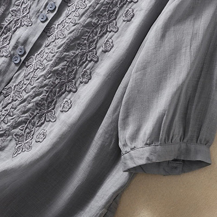 Chemise d'été en coton et lin pour femme, motif floral, broderie de boutons, manches trois-quarts, revers, motif Buddha Stones