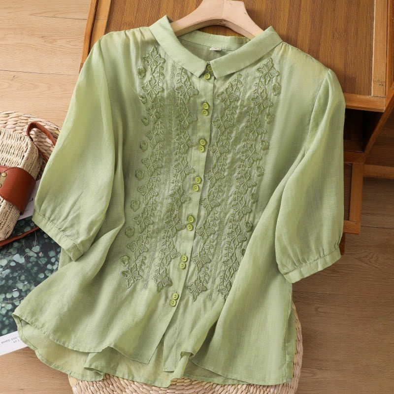 Chemise d'été en coton et lin pour femme, motif floral, broderie de boutons, manches trois-quarts, revers, motif Buddha Stones