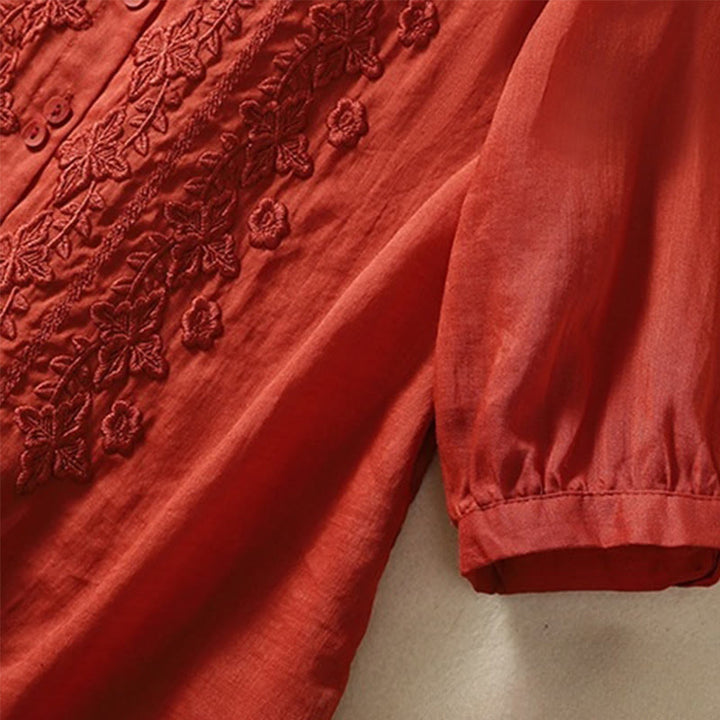 Chemise d'été en coton et lin pour femme, motif floral, broderie de boutons, manches trois-quarts, revers, motif Buddha Stones - image 24