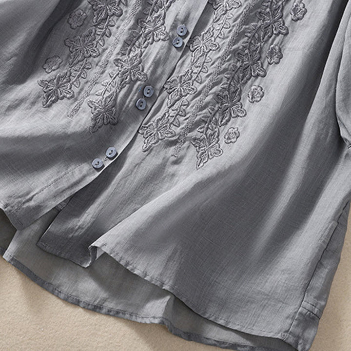 Chemise d'été en coton et lin pour femme, motif floral, broderie de boutons, manches trois-quarts, revers, motif Buddha Stones